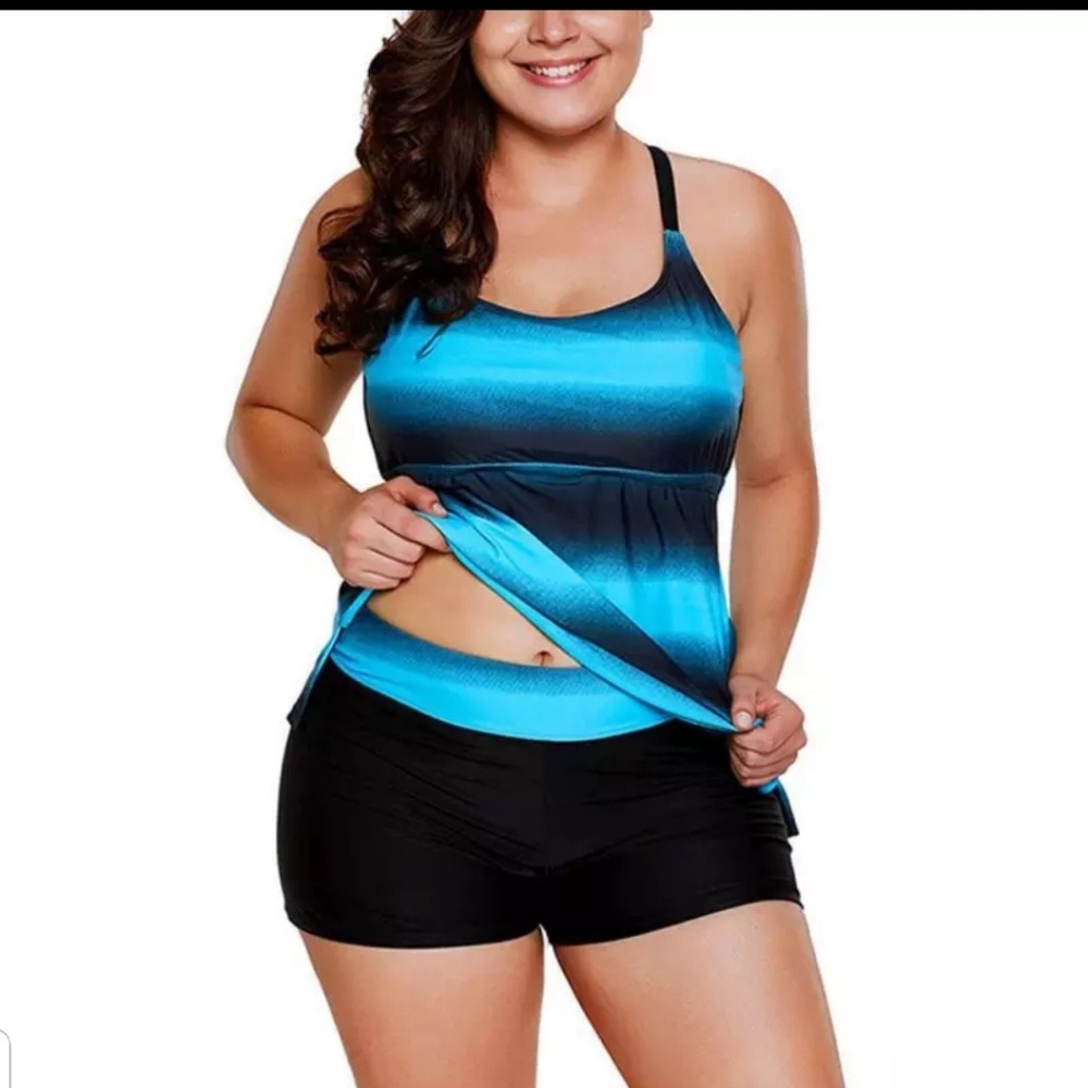 2 Pieces Swimsuit. Cover Blue Top And Blk Short
